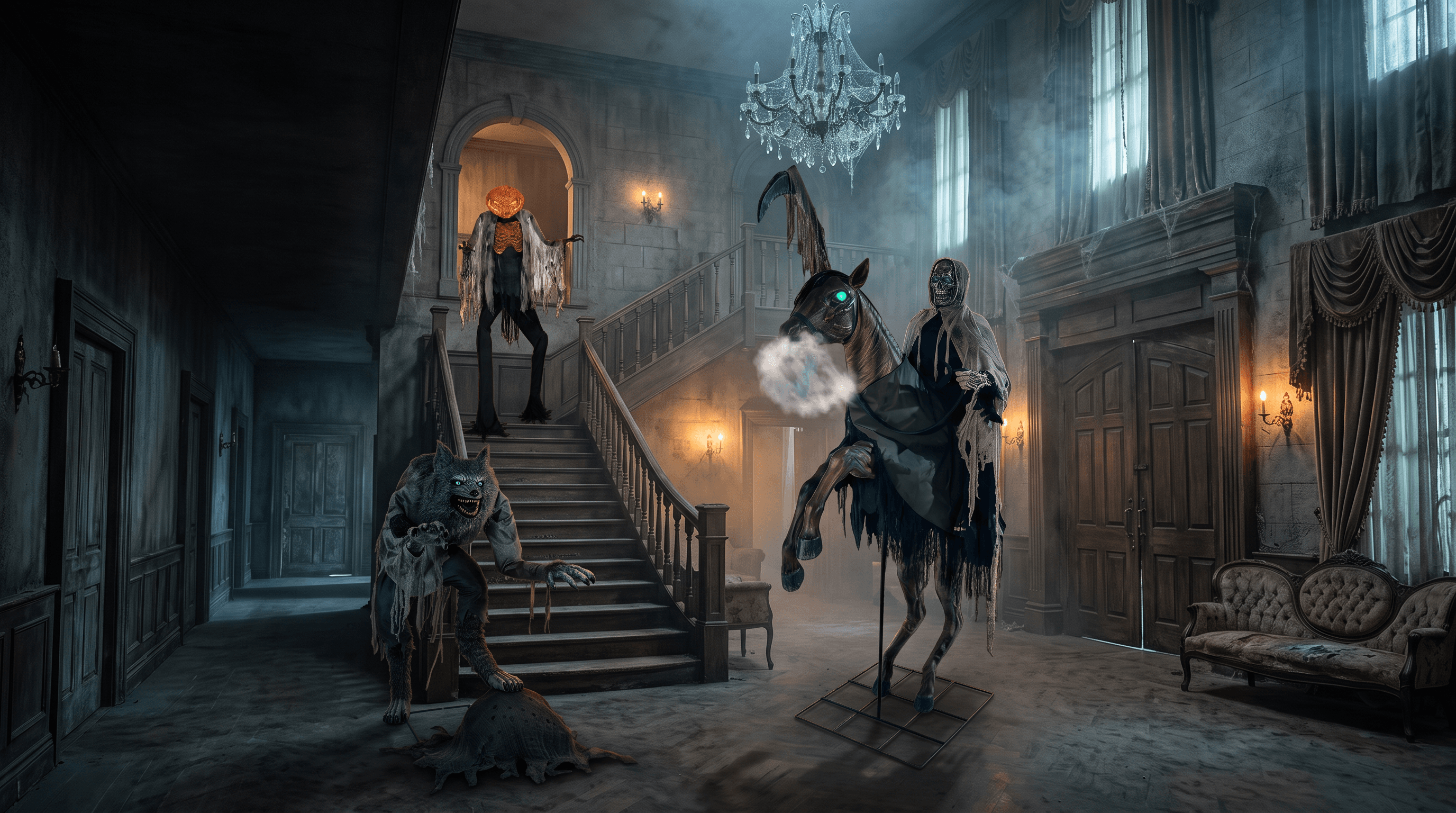 Professional Animatronics collectie — Bloodthirsty Werewolf, Riding Dead en Pumpkin Hollow Smoldering Ghoul Scarecrow