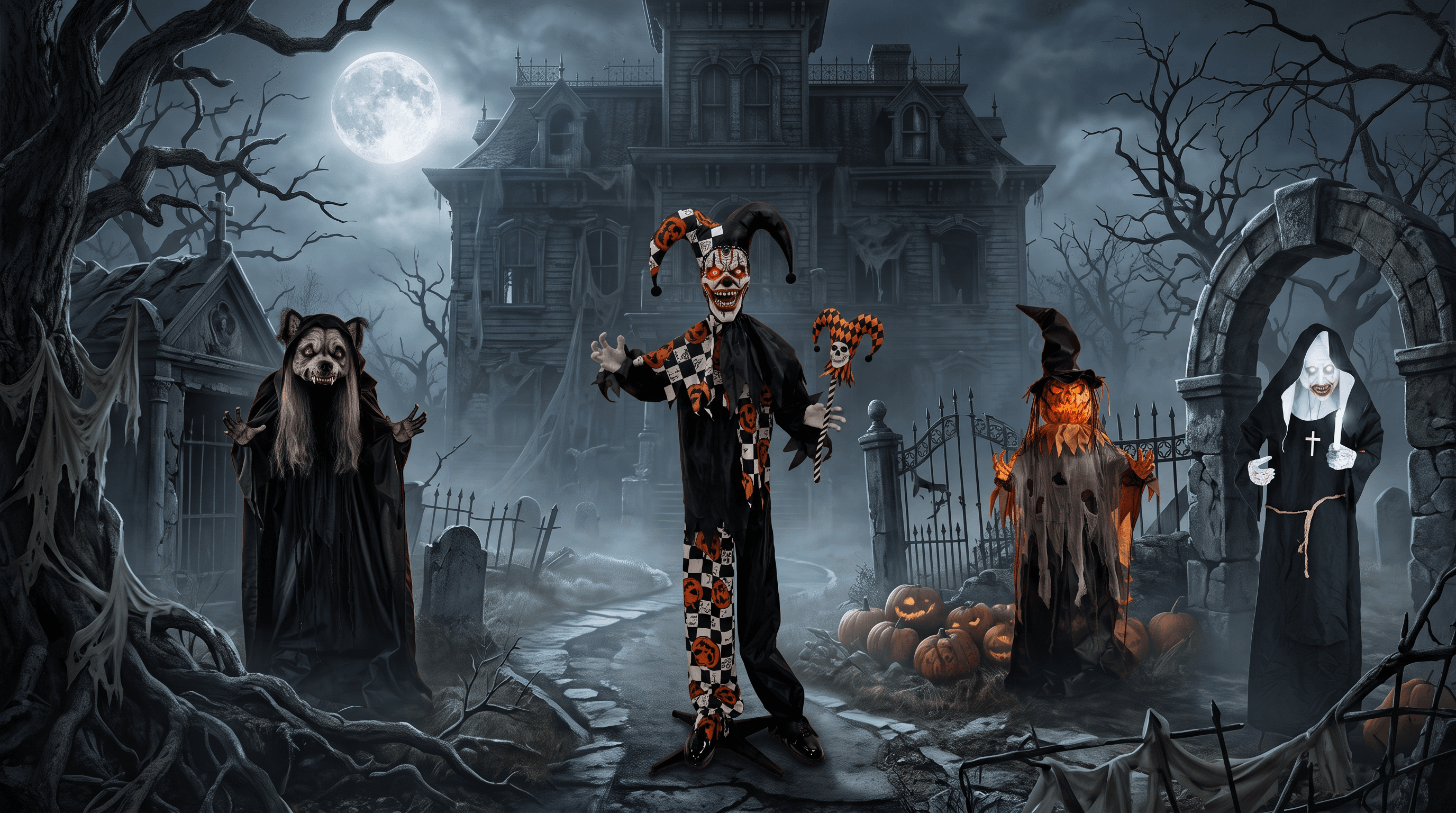 Het Gehele Assortiment — Wolf Woman, Halloween pop Terror Clown, Nun From Hell en Popping Pumpkin Man